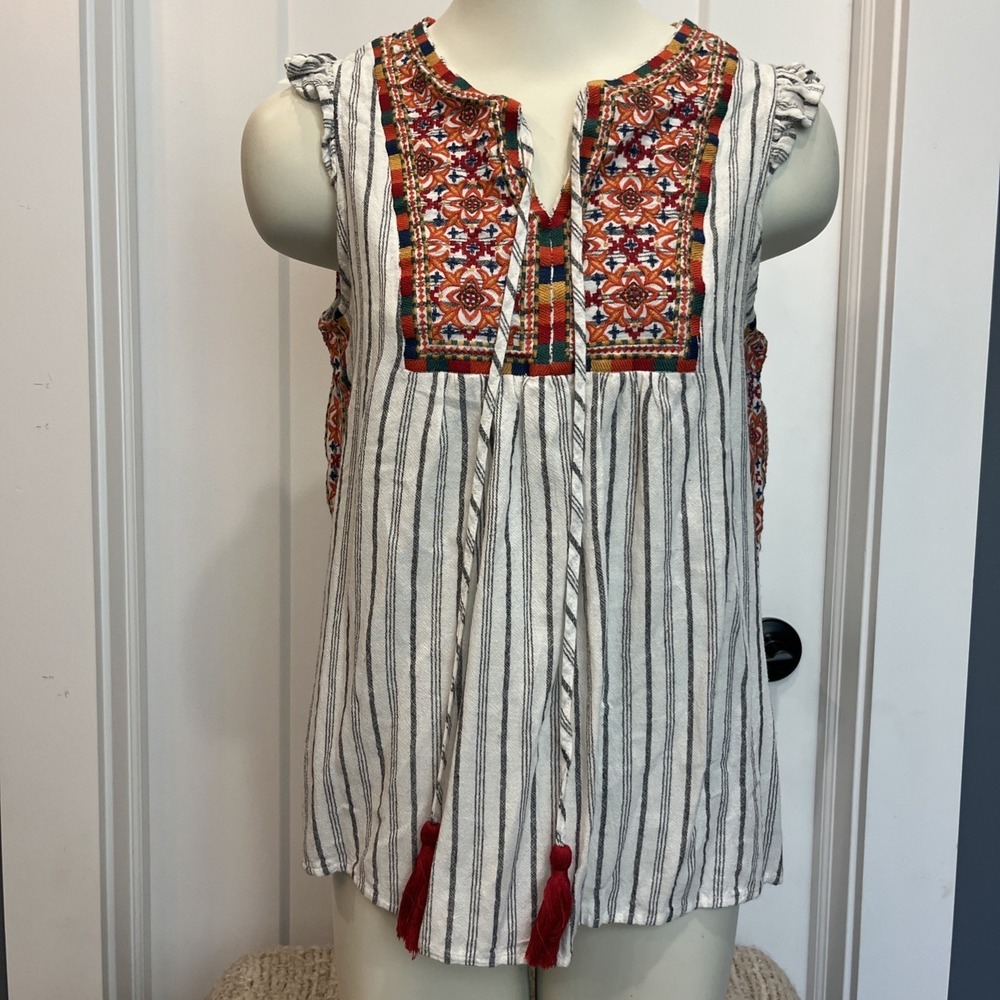 Savanna Jane Embroidered Ruffle Sleeveless Boho Peasant Linen Blend Top Sz Small